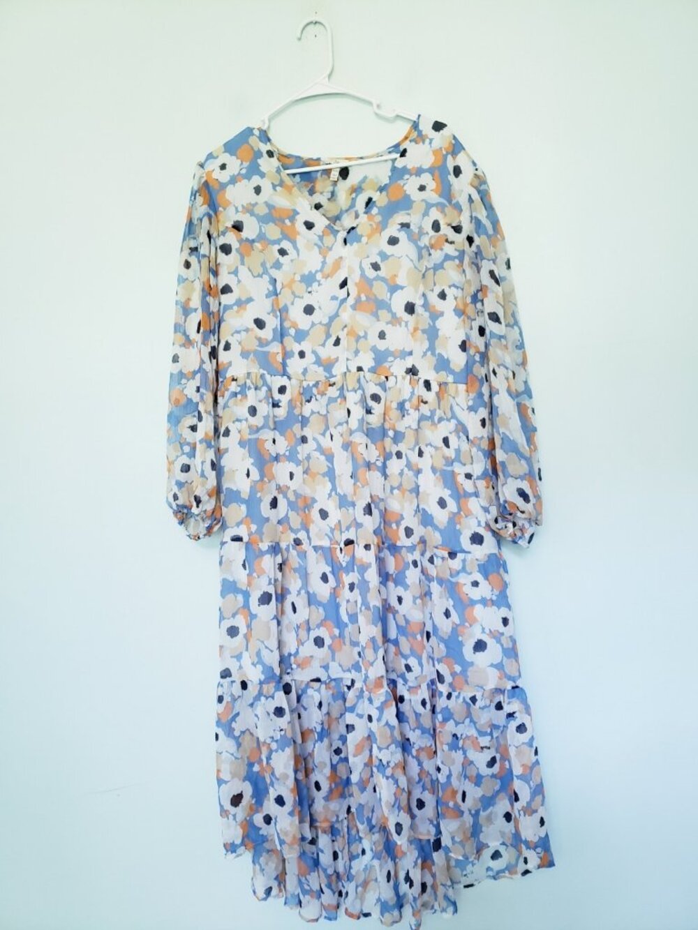 Joie Womens XL Chiffon Dress Floral Tiered Puff Sheer Sleeve Hi-Low V Neck Flowy